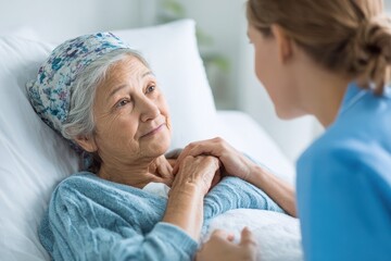 Fototapeta premium Sick Bedridden. Senior Woman Chatting with Nurse in Hospice Care Assistance