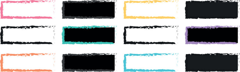Creative Collection of Colourful Paint Brush Grunge Border Frames – Abstract Vector Rectangle Shapes with Artistic Brush Stamp Texture on White Background