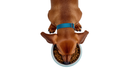 High-angle view of a dachshund eating from a bowl.  Dog is reddish-brown, looking down at food in a white bowl.  Teal/blue collar.  Dark background