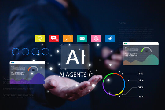 Businessman presenting AI agents with data analytics dashboard, digital icons, and futuristic interface for artificial intelligence, automation, big data processing, and business technology solutions.