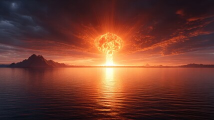 Catastrophic fiery explosion over ocean erupting volcano eruption dramatic seascape dusk apocalyptic imagery