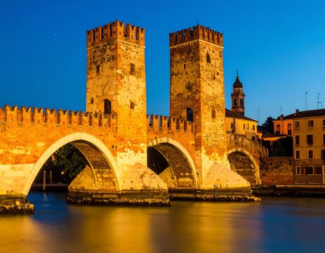 Twin arched stone bridge at twilight, reflecting in calm water