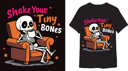 Funny Skeleton Drinking Coffee Halloween T-Shirt Design &ndash; Shake Your Tiny Bones Cartoon Vector