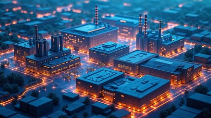 Isometric digital illustration of a smart industrial city at night the scene