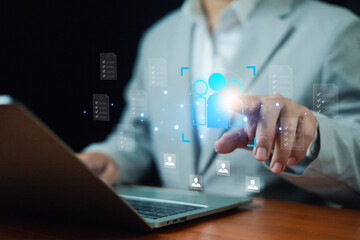 Businessman using digital HR recruitment system with employee profile selection, data management, and candidate evaluation dashboard for human resources, hiring process, and workforce optimization.