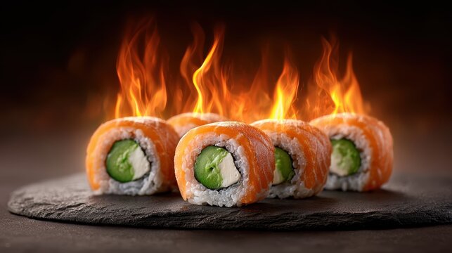 Fiery sushi roll display with salmon and flames gourmet restaurant food art dramatic lighting culinary masterpiece