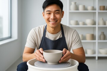 Smiling young man practicing pottery as a hobby in a bright studio with shelves of ceramic ware in the background, enjoying a creative moment. Ai generative