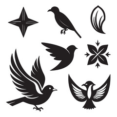 Obraz premium Collection of bird silhouettes and floral elements isolated on white background, perfect for naturethemed designs and artistic compositions