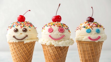 Three cheerful ice cream cones with smiling faces and colorful sprinkles topped with cherries