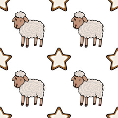 Seamless vector pattern featuring adorable cartoon sheep and star-shaped gingerbread cookies, perfect for festive winter designs or children's projects.