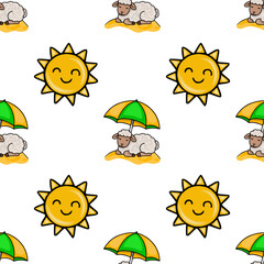 Cheerful vector seamless pattern featuring cute cartoon sheep under umbrellas, happy suns, and yellow sand, perfect for summer-themed designs.