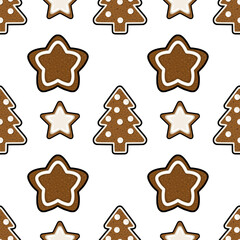 Seamless vector pattern featuring charming gingerbread cookies shaped as stars and Christmas trees, decorated with white icing and dots, creating a festive and joyful holiday design.