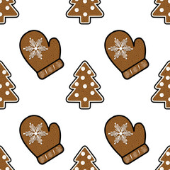 Seamless vector pattern featuring charming gingerbread mittens and Christmas trees, perfect for festive winter designs and winter holidays wrapping paper.