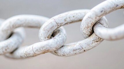 Fototapeta premium Linked Together: Macro shot of a weathered metallic chain, symbolizing strength, connection, and unity against a soft-focus background. This image evokes concepts of durability and interconnectedness.