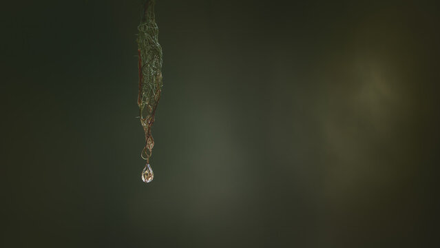Droplet hangs delicately from the Usnea filipendula lichen, capturing light in a quiet forest backdrop