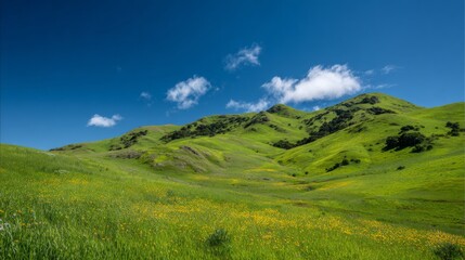 Green grassy hills rise under a clear blue sky with scattered clouds and pockets of trees on the