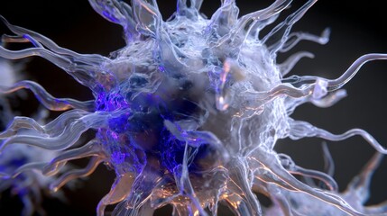 Abstract translucent tentacled sphere with blue internal lighting on a dark background