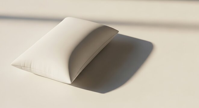 Minimalist pillow casting shadow in sunlight, promoting serene comfort