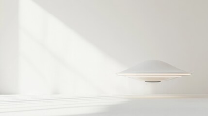 UFO Interior Design Concept: A sleek, minimalist interior space, with a futuristic flying object casting dramatic shadows and bathed in soft, natural light.