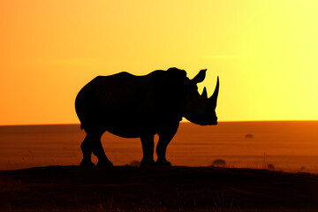 Fototapeta premium Silhouette of a Rhinoceros Standing Against a Vibrant African Sunset Sky