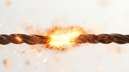 Two electrical wires with electrical arc powering through.Electric cable with glowing electricity lightning on background.