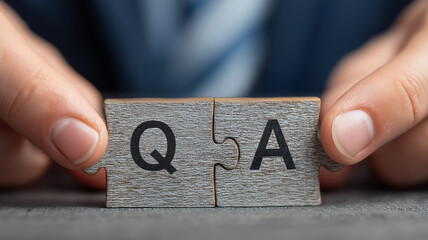 Business themed concept showing the text. A puzzle piece of QA, Questions and Answers or Quality Assurance in a businessman hand