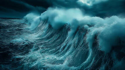 Ocean Storm Wave. A dramatic scene of a massive ocean wave rising in the vast sea under a dark and stormy sky, capturing the raw power of nature