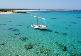Tranquil sailboat on crystal clear turquoise ocean water, idyllic beach scenery, summer vacation, relaxation, coastal landscape.