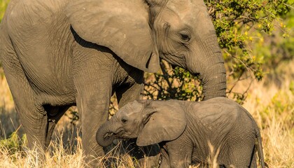 Two adult elephants protectively surround a young calf in dry, golden grass