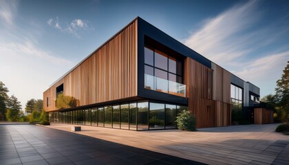 contemporary building exterior featuring a sleek facade with large glass windows and elegant wooden decor epitomizing modern commercial property design