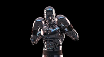 Futuristic Chrome Robot Boxer in Stance