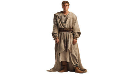 Fototapeta premium Obadiah full body on transparent background, biblical prophet in rough robe, ancient style clothing, isolated PNG figure for Christian and Old Testament themes.