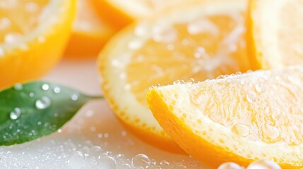 Zesty Slices of Orange: A close-up shot of vibrant orange slices glistening with water droplets on a light surface, evoking freshness and the essence of summertime refreshment.