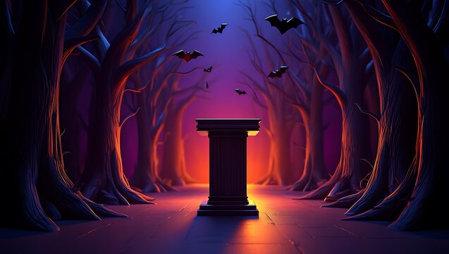 Eerie gothic hallway with pedestal and flying bats halloween scene illustration