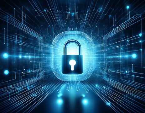 safeguard data against security risks digital lock symbol surrounded by glowing data streams and connections