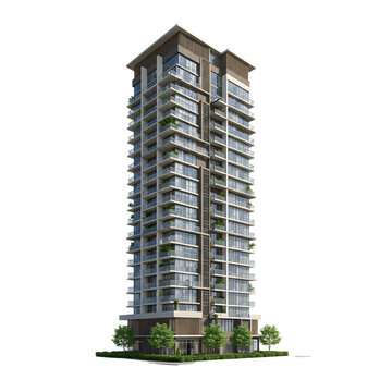 Modern HighRise Apartment Building with Balconies and Lush Greenery.