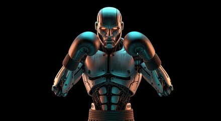 Fototapeta premium Futuristic Robot Boxer with Glowing Eyes in Fighting Stance