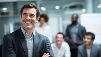 A confident senior businessman,arms crossed stands in an office, wearing glasses and smiling.