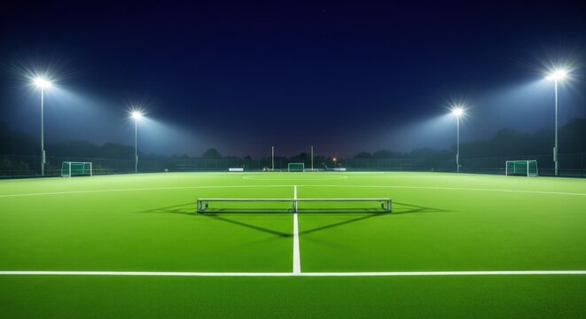 A synthetic turf field lit by bright stadium lights at night. A bench sits midfield, with goals at each end and a dark sky