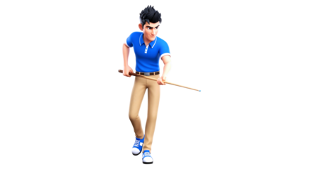 focused cartoon billiards player precise shot, intense concentration, championship game, isolated on transparent background