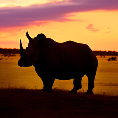 Fototapeta premium Majestic Rhinoceros Silhouette Against a Vivid African Sunset Sky
