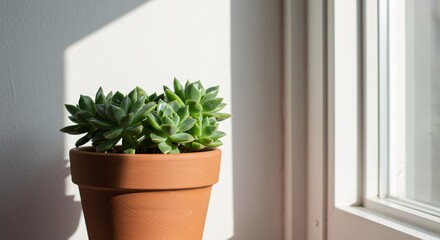 Fototapeta premium A vibrant succulent plant thrives in a terracotta pot, bathed in warm, natural sunlight filtering through a bright window, creating a serene indoor botanical scene with gentle shadows