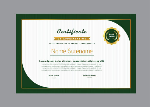 Elegant green and gold certificate of appreciation for outstanding achievement
