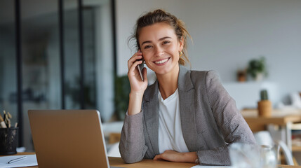 Fototapeta premium Smiling young professional businesswoman at modern desk, working on laptop