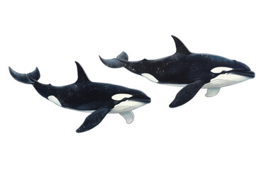 Fototapeta premium Eight killer whales swimming on white background,png