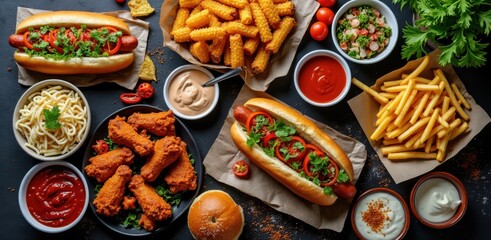 Delicious hot dogs french fries and chicken wings feast