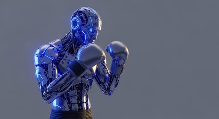 Futuristic AI Robot Boxer in Fighting Stance