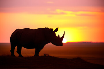 Fototapeta premium Majestic Rhinoceros Silhouette Against a Vibrant African Sunset Sky