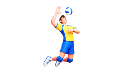 3d cartoon volleyball player dynamic set, effortless power, stunning airborne action, isolated on transparent background