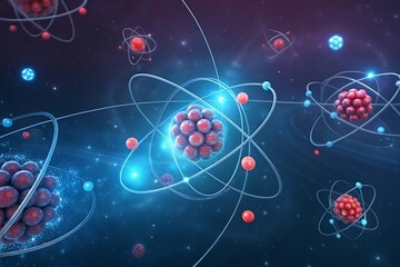Atomic structure with glowing nucleus and orbiting electrons